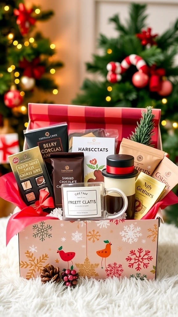 A festive Christmas gift box with chocolates, a candle, a mug, and snacks, surrounded by holiday decorations.